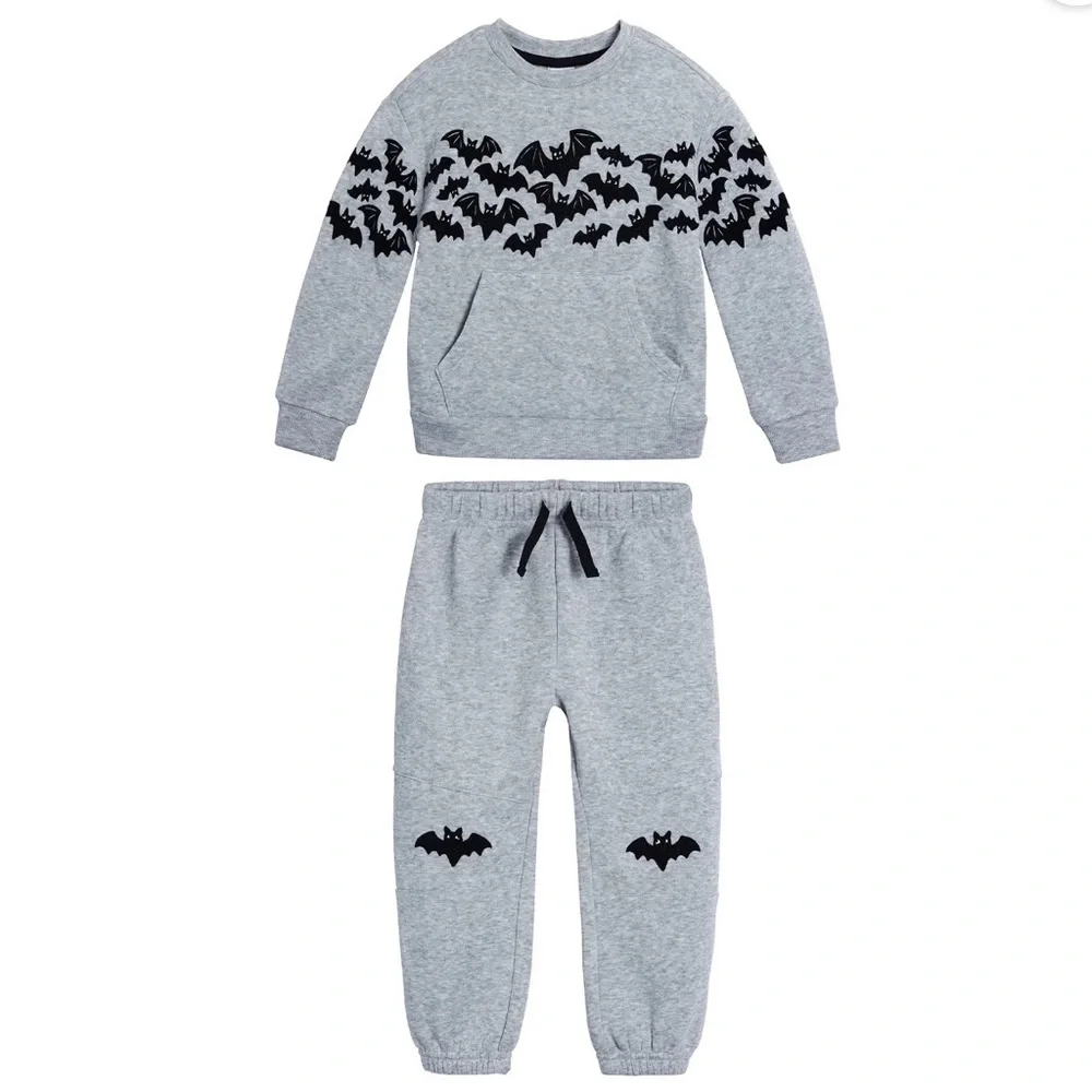Wonder Nation Halloween Sweatshirt Sweatpants Set Gray Black Bats Size 3T
